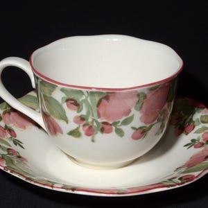 Juego de taza y platillo Nikko, fresa roja, flores rosas, hoja verde, taza de té, porcelana fina, borde rojo vintage, apto para horno, vajilla, hecho en Japón.
