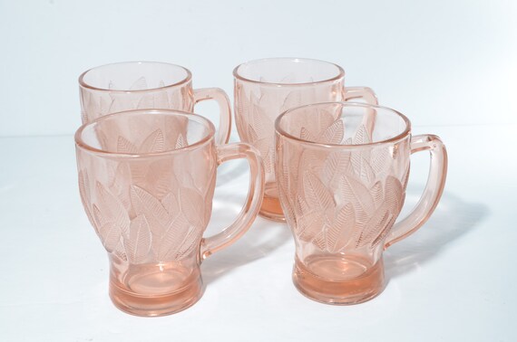 Vintage KIG Indonesia Pink Glass Set of 4 Leaf Pattern Mugs Cup