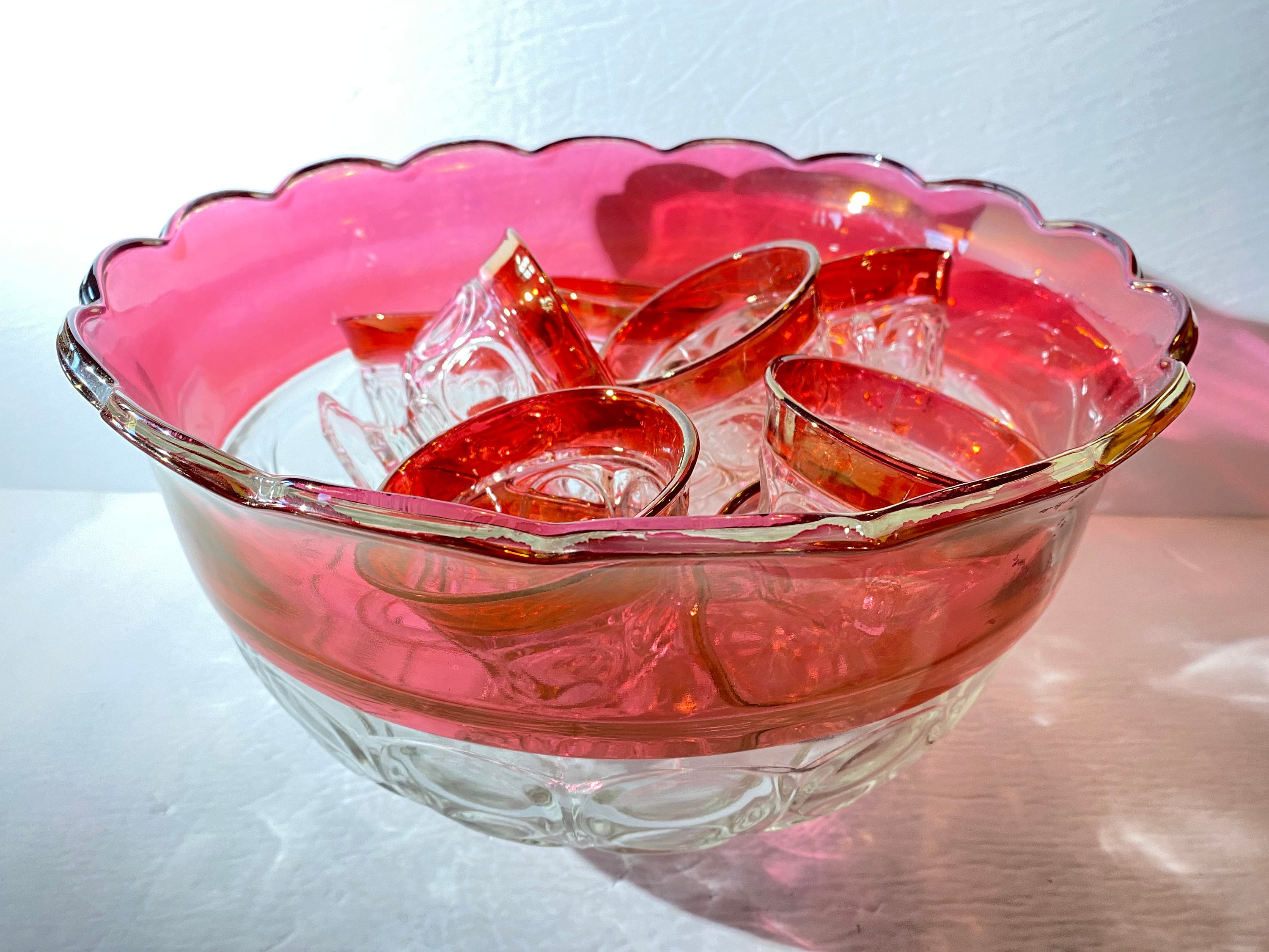 Indiana Glass Cranberry Glass Punch Bowl Set 11 Glasses Footed