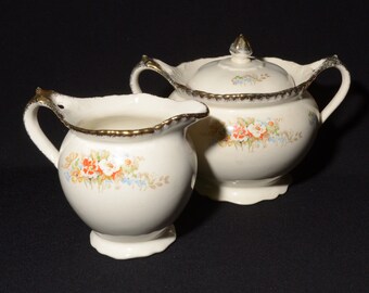 Vintage Woods Ivory cream creamer and sugar bowl set lid poppy orange white flower large gold rim Bone China England