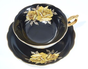 Black Teacup and saucer Bone China Hand Painted yellow rose flower widemouth floral gold rim crown foot made in Japan