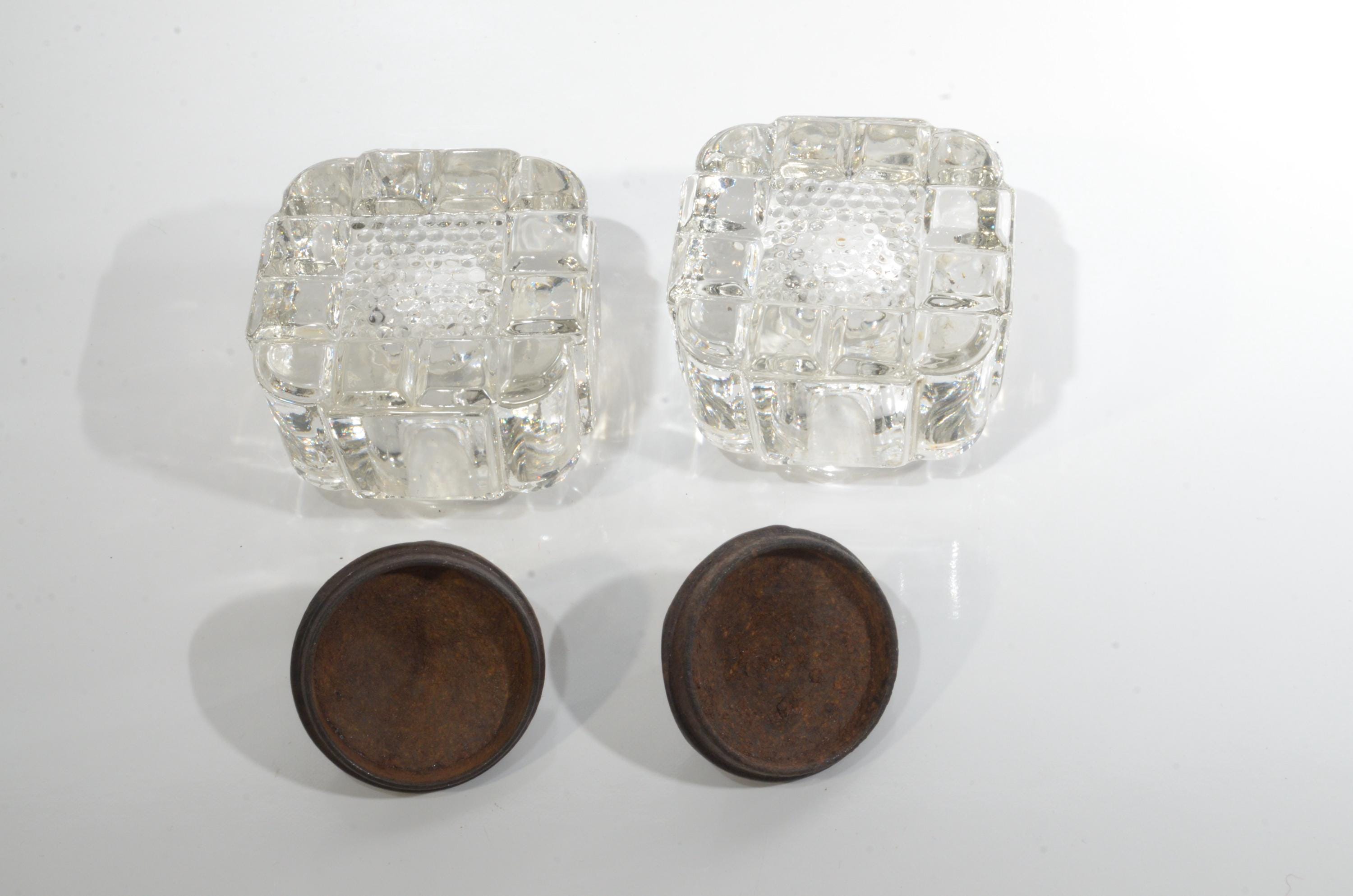 アンティークインク壺ガラスインクボトル2個セット、金属製上蓋付き