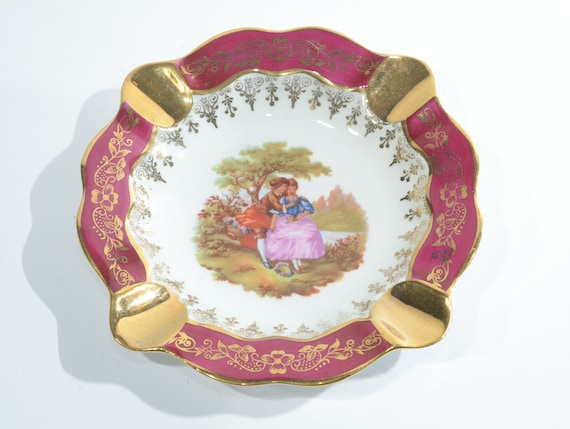 リモージュ フランス 磁器 ダール R P 灰皿 赤 金 求愛 カップル