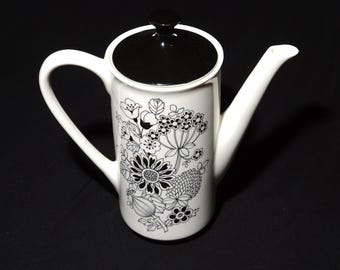 Vintage Manitou coffee pot teapot Dinnerware Grindley Ironstone England dishwasher safe black and white lid floral MCM