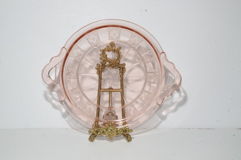 handles platter pressed glass Jeannette Glass pink depression DORIC vintage tray 10 inches pink glass depression glass