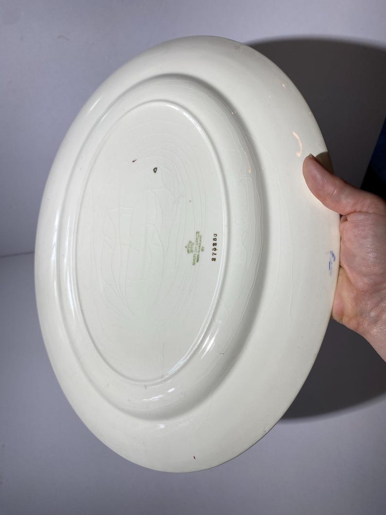 May include: An oval, off-white ceramic serving platter. The underside features a raised rim and a central, slightly recessed area. There is a small, faded emblem and text near the rim. The platter is held by a hand.