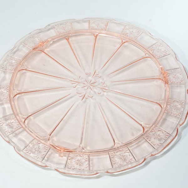 DORIC Jeannette Glass depression glass cake stand cake plate platter plateau pressed glass 10 inches footed 3-toed CHIPS