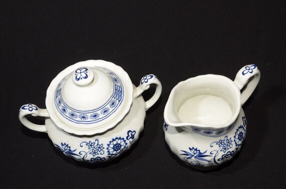 J&G Meakin Classic White Blue Nordic Creamer Sugar Bowl Set Lid