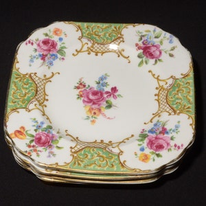 Juego de 4 platos de postre cuadrados Jackson Gosling Grosvenor China Ye Old English de 6 pulgadas con diseño floral inglés, verde y rosa, con pérdida de oro J&G