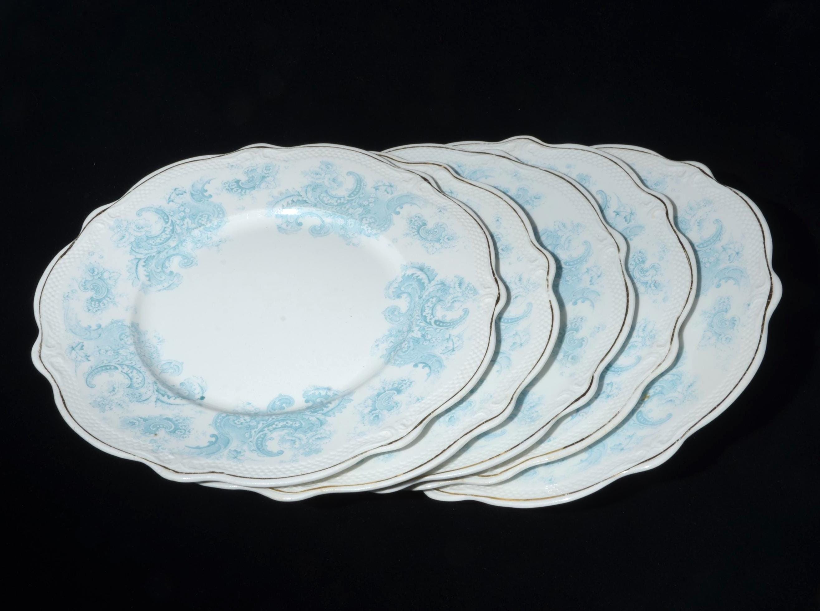 Set of 5 Antique Dorothy Semi Porcelaine Blue Dinner Plate W.H.