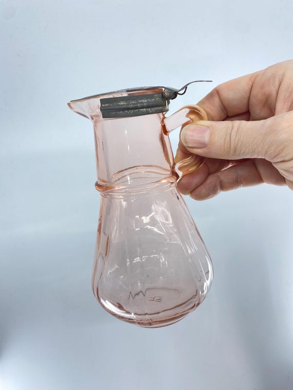 Hazel Atlas Pink Depression Glass Syrup Dispenser Pitcher Metal