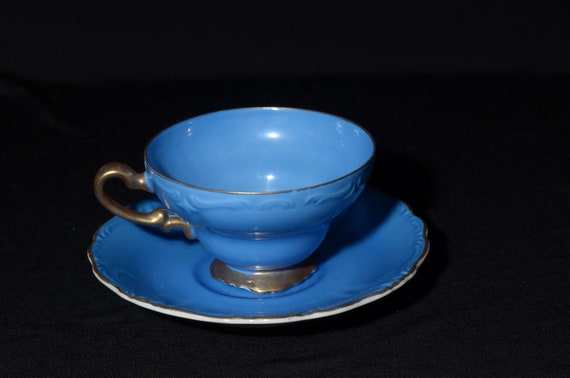 Vintage MK Japan Blue Teacup and Saucer Set Royal Blue China Hand