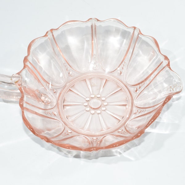 Anchor Hocking OYSTER and PEARL pink depression glass bowl heart shaped  handled 5-1/4" d vintage scratches on spout