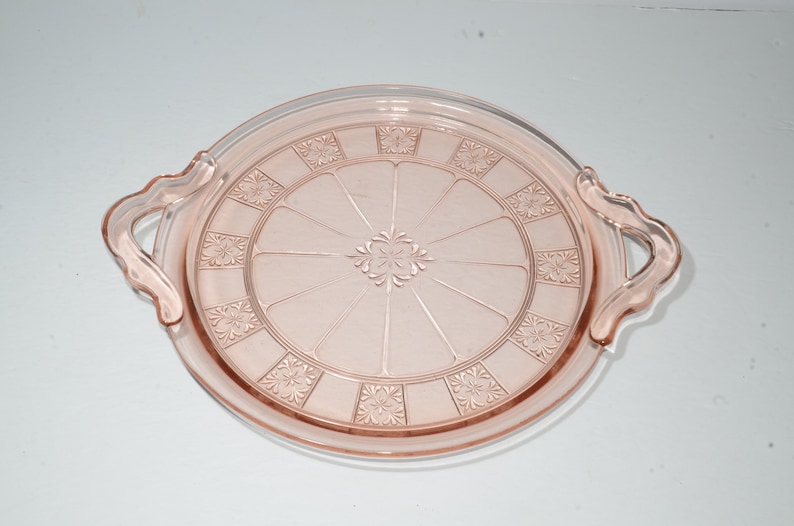 handles platter pressed glass Jeannette Glass pink depression DORIC vintage tray 10 inches pink glass depression glass