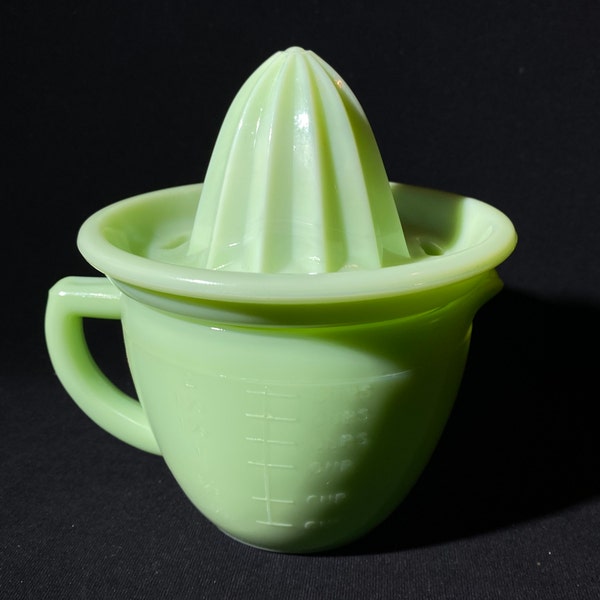 Jadeite Jeannette jade glass Sunflower pitcher measuring cup & reamer juicer spouted 2 pieces mixing bowl 2 cup capacity  lid