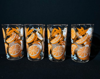 Set of 4 Tumbler orange and white flowers design Mid-century almost 5" tall Drinking glass orange juice Retro Glass MCM by Dominion