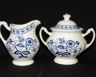 J&G Meakin Classic White Blue Nordic creamer sugar bowl set lid white blue flowers Bone China Vintage Ironstone