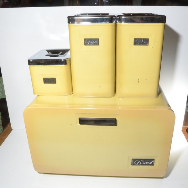 Vintage Complete Set of 5 mustard yellow Eaton's Canada Bread box canister Flour Coffee Sugar Tea Canada metal Tin Storage Container black