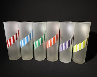 Set of 6 Vintage Libbey Candy Stripe Tom Collins tumbler highball glass frosted retro glass drinking cocktail 12 oz 7 inches blue red ot
