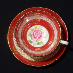 Tazza da tè e piattino Royal GRAFTON rossi con motivo a rose rosa, bordo dorato, vintage 8407, Inghilterra, tazza da tè in porcellana finemente decorata con filigrana d&#39;oro