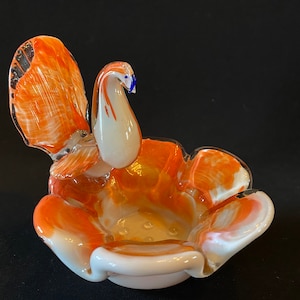 Vintage art glass bird ashtray candy dish trinket heavy glass tobacciana orange and white flower shaped ot