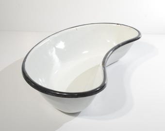 Vintage large enameled tray with Kidney shape medical equipment enamel ware white with black rim container laboratory instrument enamelware