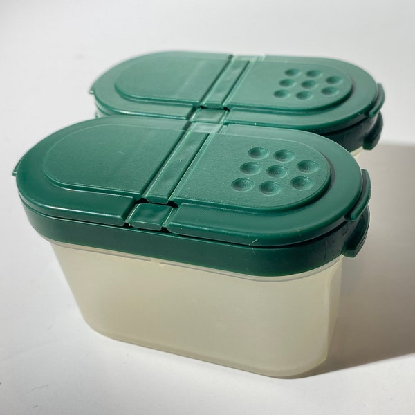 Set of 2 TUPPERWARE modular spice container 2 1/4 inches tall forest green lid Plastic flip lid Made in Canada 1843 retro