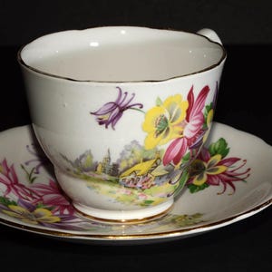 Rare ROYAL STAFFORD Aquilegia Bone China Tea Cup and Saucer Stunning Floral design vintage bone china
