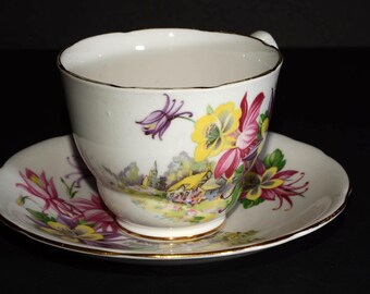 Rare ROYAL STAFFORD Aquilegia Bone China Tea Cup and Saucer Stunning Floral design vintage bone china