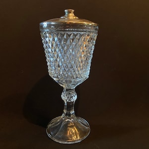 Vintage Indiana Glass pedestal covered candy dish apothecary jar Diamond Point Clear compote dish metal lid pressed glass 11&quot; Tiara