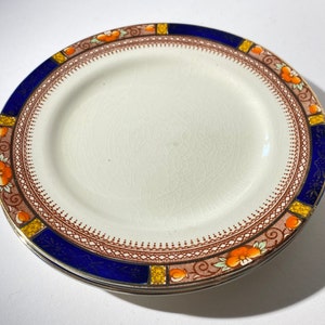 J&G Meakin Sol Queen Mary set of 4 salad plate lunch plate 8 inches England ironstone 391413 gold cobalt rim rust yellow flowers CRAZING