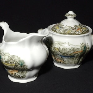 Vintage (c.1960s) Ridgway Ridgways Heritage Creamer and sugar bowl Milk jar Green A Shanty on Lake Chaudiere Canadian Scenes England lid