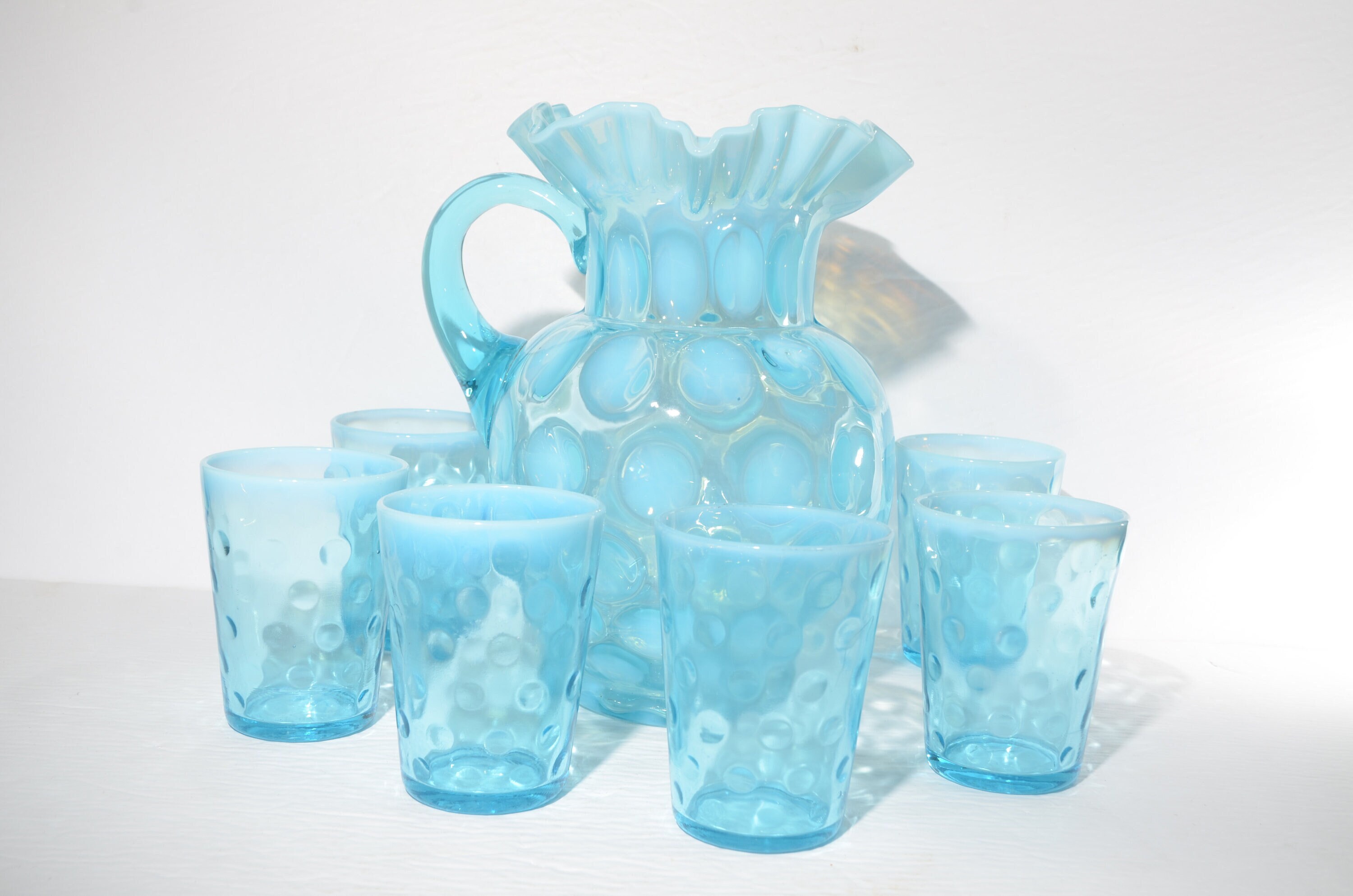 Fenton Blue Opalescent Coin Spot Dot Glass Pitcher 6 Tumbler Drinking ...