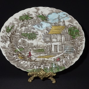 Vintage The Hunter by MYOTT platter hand engraved brown transferware serving plate England dinnerware CRAZING dog village scene 12.5&quot;x10&quot;