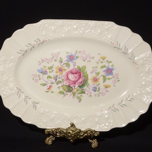 MYOTT Son & Co platter serving plate medium plate 12 inches England crazing Staffordshire pink rose flowers embossed rose