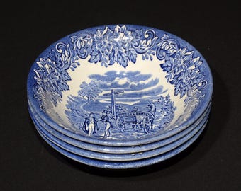 4er Set Vintage Staffordshire Schüssel Suppenschüssel England blau Transferware 16-3 / 20 cm Landschaft Pferd Ironstone Geschirr floral