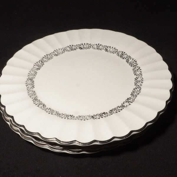 J & G Meakin Classic White with silver filigree set of 4 bread and butter plate 6.5" England swirl vintage scroll ironstone