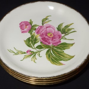 Set van 4 Studio Ware Peony by J&G Meakin dinerborden 10 inch 18 kt goud vintage roze bloemgouden geborstelde rand