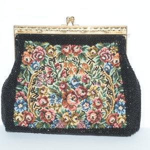 Vintage Black purse handbag French tapestry GoldTone Clasp and Beaded Strap Embroidered Tapestry Purse floral