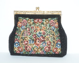 Vintage Black purse handbag French tapestry GoldTone Clasp and Beaded Strap Embroidered Tapestry Purse floral