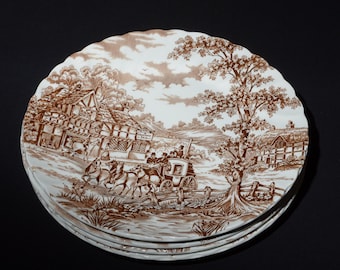 Conjunto vintage de 4 pratos de jantar MYOTT Staffordshire Ironstone Coaching Days, 24,8 cm (9 3/4 polegadas), porcelana fina com estampa marrom, Inglaterra.