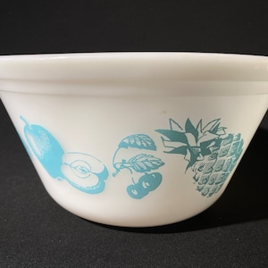 FEDERAL GLASS Turquoise on White Fruit fare 9 inches Mixing Bowl Serving Bowl Milk Glass Vintage Nesting Bowls 1950s