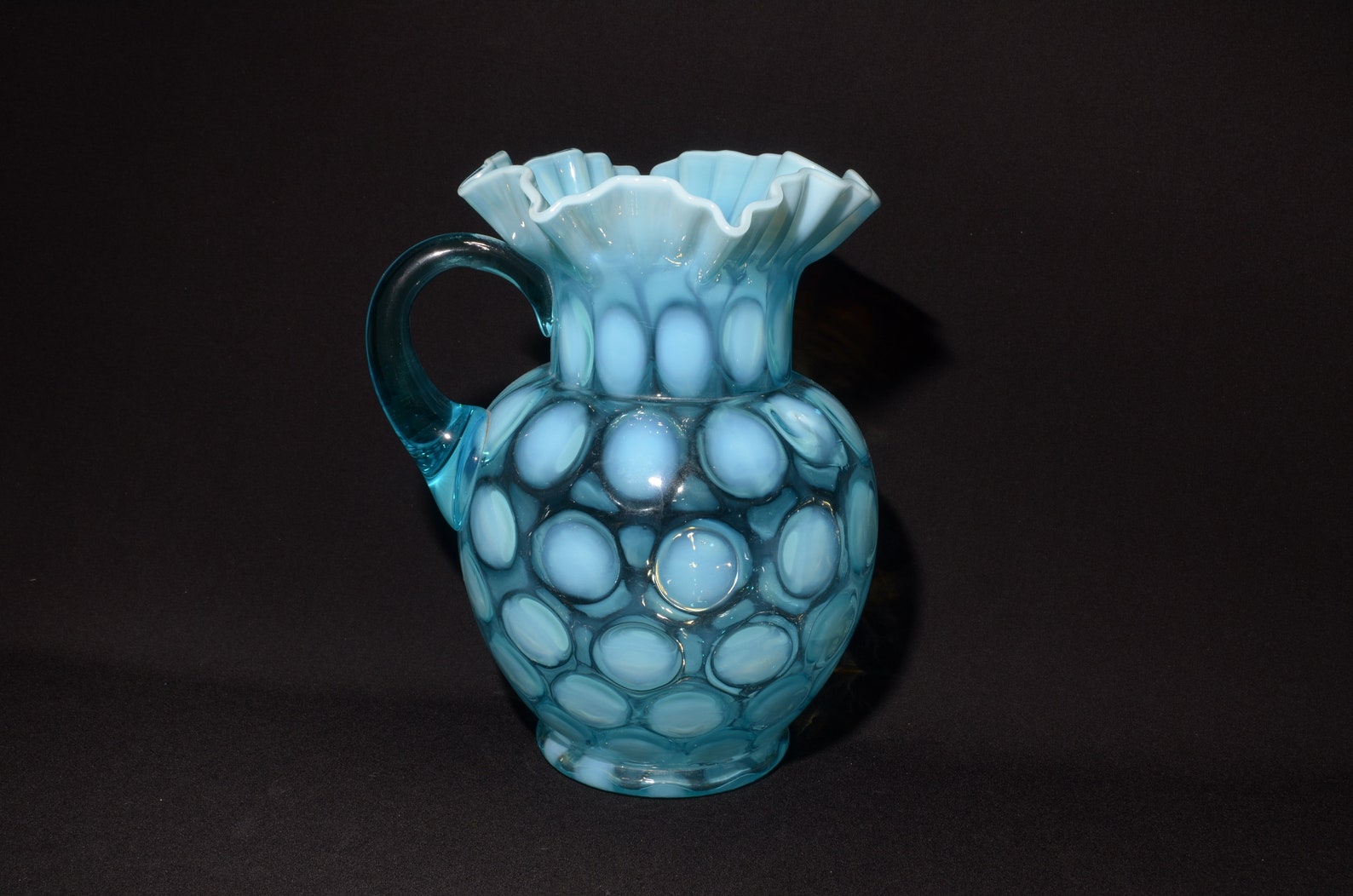 Fenton Blue Opalescent Coin Spot Dot Glass Pitcher 6 Tumbler Drinking ...
