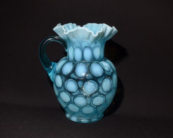 Fenton Blue Opalescent Coin Spot Dot Glass Pitcher 6 Tumbler