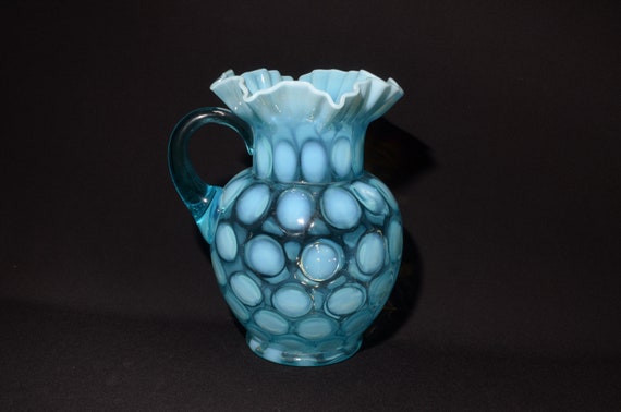 Fenton Blue Opalescent Coin Spot Dot Glass Pitcher 6 Tumbler