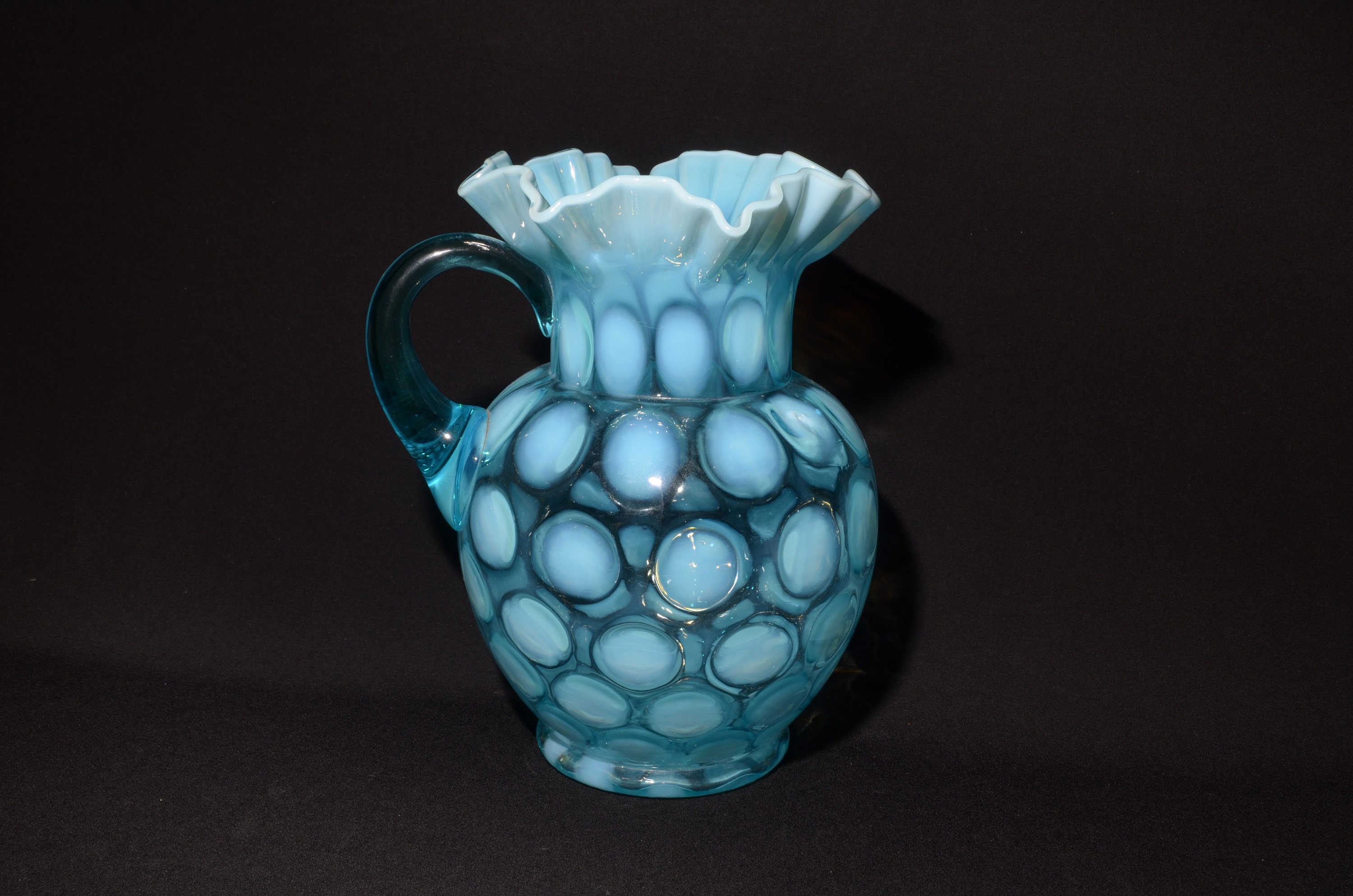 Fenton Blue Opalescent Coin Spot Dot Glass Pitcher 6 Tumbler