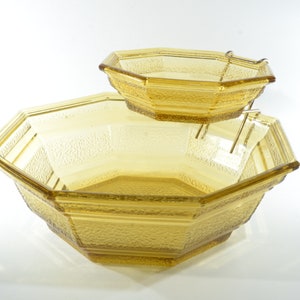 Vintage Anchor Hocking amber Glass octagon base brass frame mid century chip & dip bowl Amber Pebbled salad bowl mint condition bracket