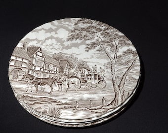 Conjunto de 4 pratos de jantar MYOTT Staffordshire Ironstone Royal Mail, 24,8 cm (9 3/4 polegadas), porcelana fina marrom com estampa transferida, fabricados na Inglaterra. 1 prato com lasca.