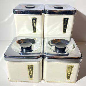 Set of 4 The Queen Line canister ivory with black lettering Tea Coffee Flour Sugar Chrome Canada metal Tin Storage Container by A.R. Lite