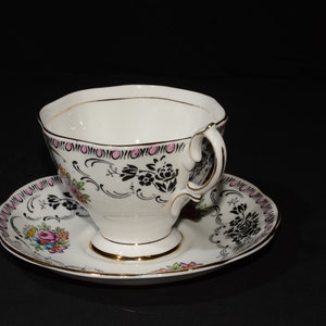 ROYAL ALBERT Damask Footed Teacup and saucer pink floral 2694 flower Gold Rimmed England Vintage Bone China Malvern Shape image 3
